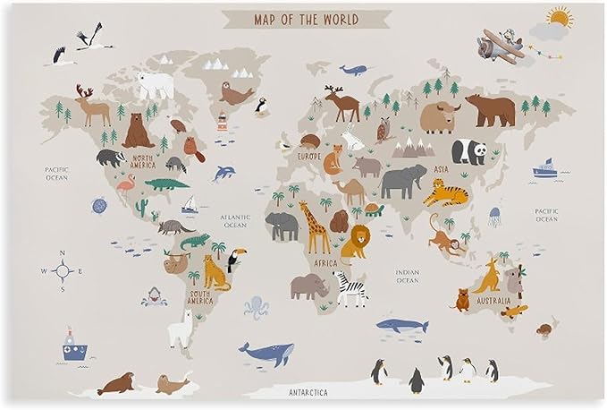 KIPNG Kids World Map - Playroom Animal World Map - Nursery Educational Poster Canvas Poster Wall Art Picture Paintings for Living Room Bedroom Decoration Unframe-style16x24inch(40x60cm)