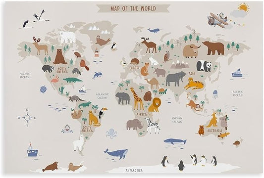 KIPNG Kids World Map - Playroom Animal World Map - Nursery Educational Poster Canvas Poster Bedroom Sports Landscape Office Room Gift Unframe-style20x30inch(50x75cm)