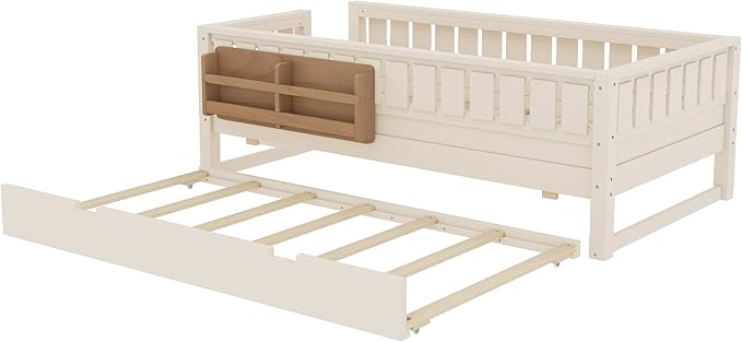 Bellemave Twin Size Kids Bed with high Rails and with Built-in Bookshelf and Trundle for Kids, Girls, Boys, Wood Montessori Bed Without Door, Beige