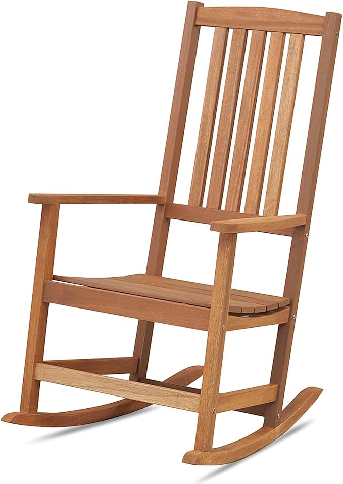 Giantex Outdoor Rocking Chair, High Back Patio Rocker w/Armrests, Hardwood Lounge Rocking Chair with Smooth Rocking Base & Slatted Design, Wood Porch Rocker for Backyard, Poolside (1, Natural)