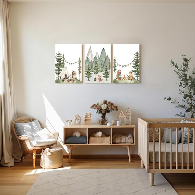 Camping Nursery Wall Art, Woodland Hiking Nursery Wall Decor, Bear Fox Animals Forest Mountain Wall Art, Nature Kid Print for Baby Boy Girl Bedroom, Children's Room Decor, Framed Canvas, 12"x16"x3