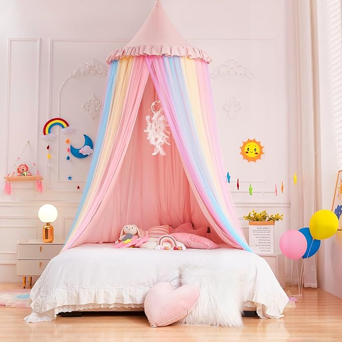 Kertnic Rainbow Bed Canopy for Girls Dreamy Mosquito Net for Bed Round Dome Princess Bed Canopy Girl Room Play Tent Kids Canopy Bed Netting Curtains (Beige Pink Rainbow)