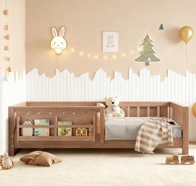 Bellemave Twin Size Floor Bed with high Rails and with Built-in Bookshelf for Kids, Girls, Boys, Wood Montessori Floor Bed Without Door, Natural