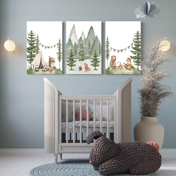 Camping Nursery Wall Art, Woodland Hiking Nursery Wall Decor, Bear Fox Animals Forest Mountain Wall Art, Nature Kid Print for Baby Boy Girl Bedroom, Children's Room Decor, Framed Canvas, 16"x24"x3