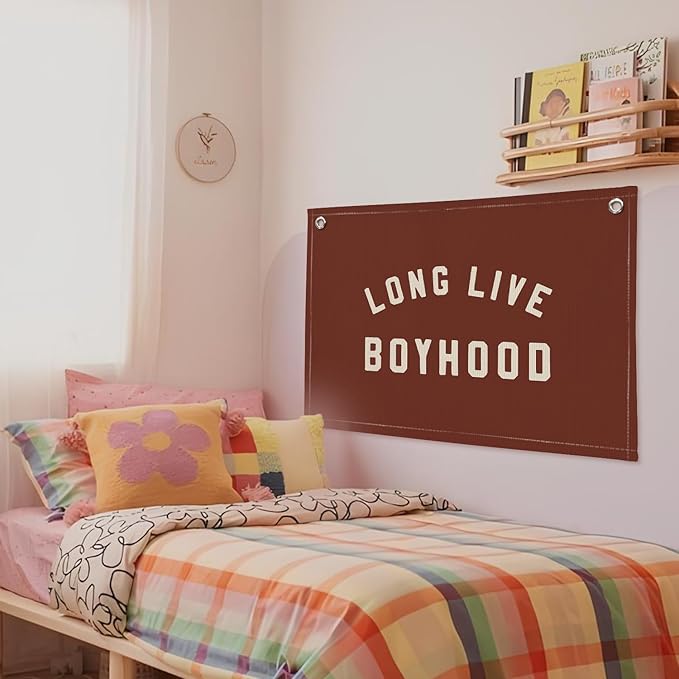 Long Live Boyhood Boys Room Decor - Linen Banner Wall Hanging Canvas Banner Flag Decor for Toddler Boy Room Nursery Playroom - Dull Red