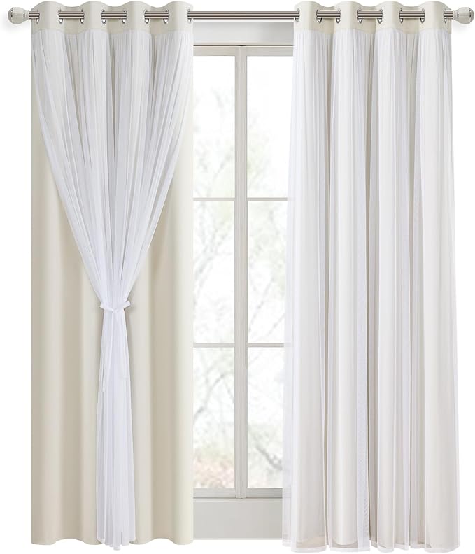 DWCN Blackout and Sheer Curtains with Tiebacks Layered Curtains for Living Room Grommet Top Window Curtain Panels with Sheer Overlay, 52 W by 84 L, Ivory, 2 Pieces
