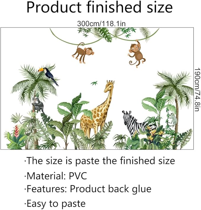 Large Size Tropical Palm Green Leaf Plant Animals Jungle Wall Decals For Kids Room Bedroom Cute Monkey Zebra Giraffe Big Vinyl Self-adhesive Wallpaper Peel and Stick Woodland Forest Kindergarten Decoration Sticker Removable DIY Nursery Mural