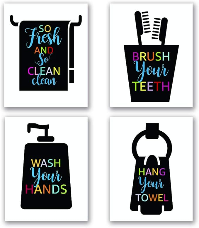 Funny Bathroom Quotes Art Print Watercolor Lettering Sign Wall Art Painting Poster, Bathroom Canvas Wall Art Printing, For Kids Washroom Decor, Black silhouette design, Set of 4 8X10 inch, No Frame