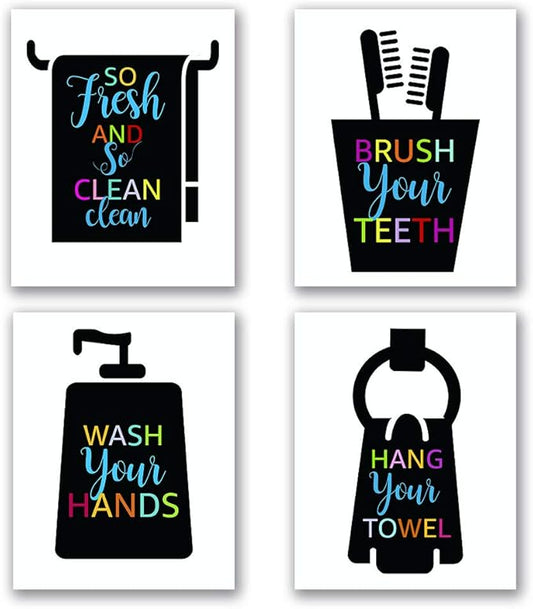 Funny Bathroom Quotes Art Print Watercolor Lettering Sign Wall Art Painting Poster, Bathroom Canvas Wall Art Printing, For Kids Washroom Decor, Black silhouette design, Set of 4 8X10 inch, No Frame