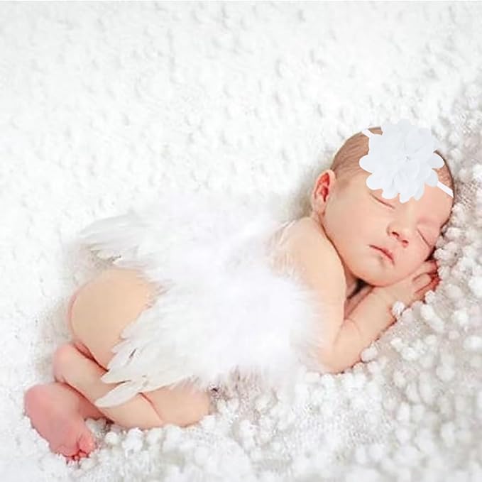 2PCS White Angel Wings With Chiffon Flower Headband For Newborn Infant Photography Props Soft Fairy Feather Wings For Toddlers Kids Girls Gifts(Color F, One Size)