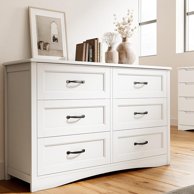 Gizoon 6 Drawer Dresser for Bedroom，47'' Larger Chest of Drawers with Mental Handle for Kids Room, White Dresser with 6 Storage Drawers for Living Room, Entryway and Hallway, White