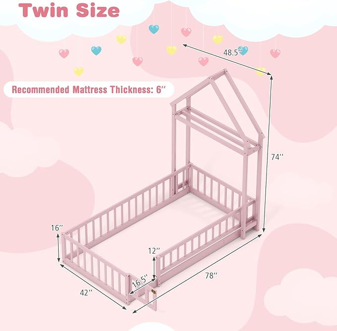 MAT EXPERT Twin Floor Bed with House-Shaped Headboard, Montessori Kids Bed with Detachable Clothes Hanger, Full Length Safety Guardrails, Solid Wood Twin Bed Frames for Kids (Pink)
