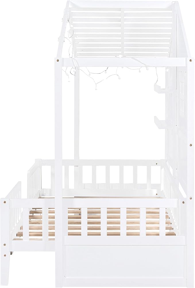 Merax Twin Size House Bed with Shelves, House Bed with Window and Sparkling Light Strip on The Roof, White