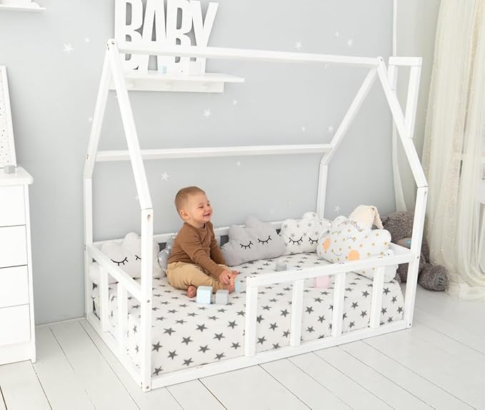 BUSY WOOD Toddler Floor Bed - Montessori Bed with Rails - Floor Bed for Toddlers - House for Kids - Floor Bed Frame - Toddler Bed - Montessori Bed (Model 1 for Sleeping ONLY)