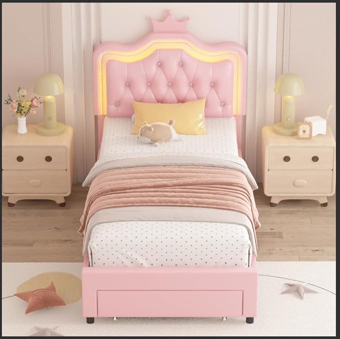 Keyluv Twin Upholstered LED Bed Frame with Storage Drawer, Leather Princess Platform Bed with Adjustable Crystal Button Tufted Crown Headboard, Solid Wooden Slats Support, No Box Spring Needed, Pink