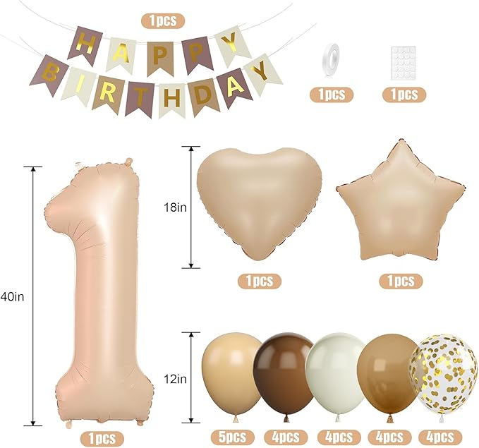 Brown Neutral 1st Birthday Decorations for Boys and Girls, Brown Beige Cream Balloons with 40 Inch Number 1 Foil Balloons Birthday Banner for 1 Year Old Boho Baby Shower Boho Party Decor