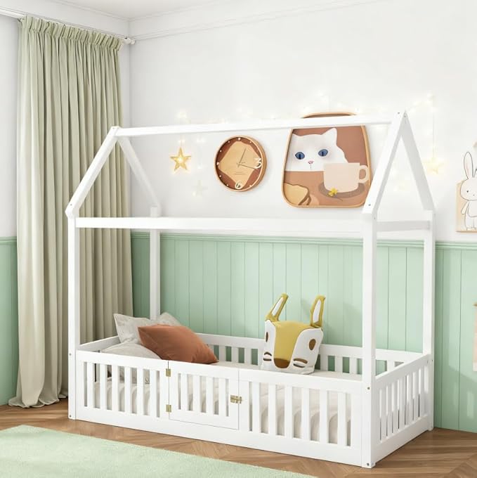 Bellemave Twin House Bed for Kids, Wooden Kids bedframe with Rails and roof, Montessori Floor beds, White with Door no slats