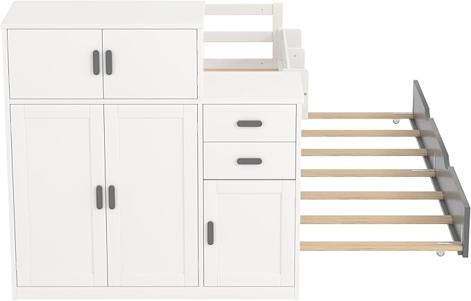 Merax Twin Corner Bed with Trundle and Drawers, Wooden Daybed Frame with Movable Wardrobe, Two Bookshelves, and Safety Guardrail, Twin Size Bed Frame for Kids, Boys Girls, Easy Assembly,White