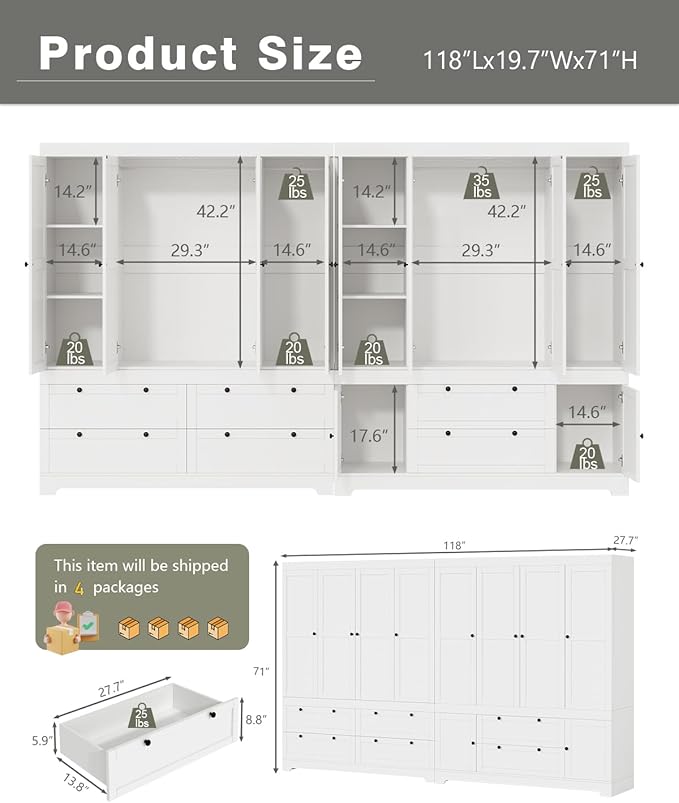 White Large Wardrobe Closet, 8 Door 71" Tall White Wooden Freestanding Storage Armoire – Oversize Capacity Modular Cabinet with Drawers, Space-Saving Durable Design for Bedroom & Closet Organization