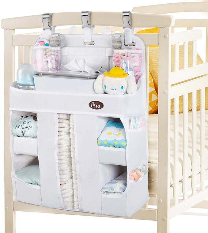 HHZ XL Hanging Diaper Caddy Organizer –Sturdy and Durable Baby Organizer – Diaper Stacker for Changing Table, Crib, Playard or Wall & Nursery Organization （White）
