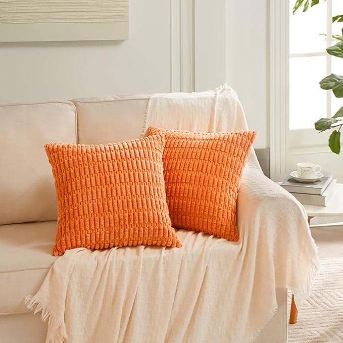 Fancy Homi 2 Packs Orange Decorative Throw Pillow Covers 20x20 Inch for Living Room Couch Bed Sofa, Soft Striped Corduroy Square Cushion Case 50x50 cm, Rustic Farmhouse Boho Fall Home Decor