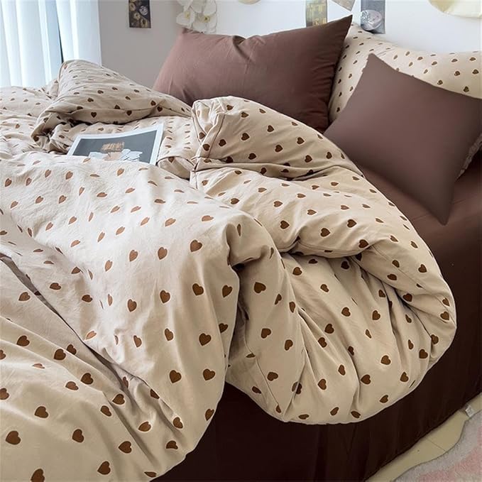 Cute Heart Duvet Cover Queen Size Brown Love Pattern Bedding Set Kids Boys Girls Heart-Shaped Printed Soft Breathable Microfiber Comforter Cover 3Pcs with 2 Pillowcases