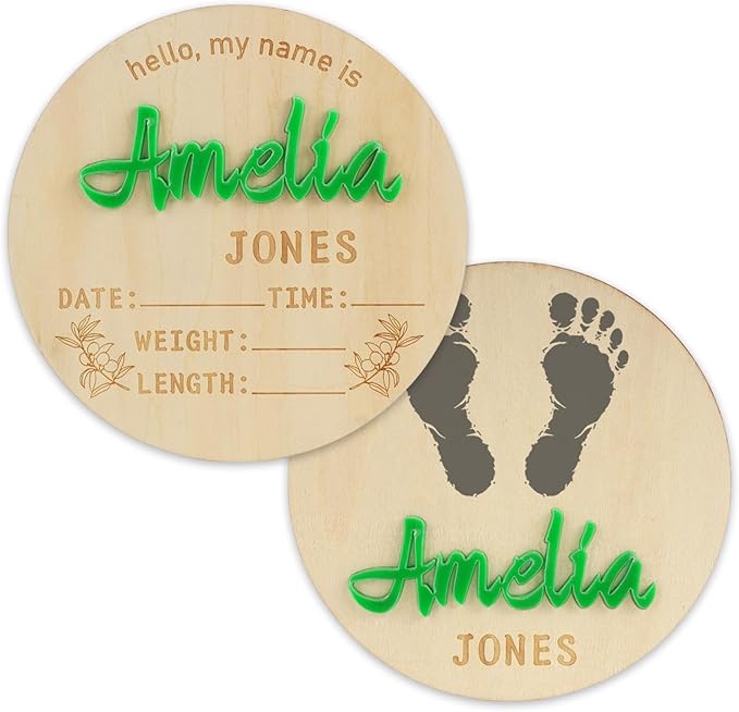 Personalized Baby Announcement Sign Custom Birth Newborn Announcement Sign for Hospital Wooden Baby Name & Footprint Sign Photo Prop Shower Gift (Circle)