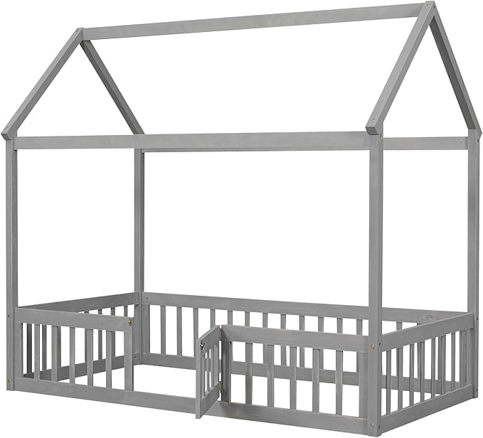 Twin Size Wood House Bed with Fence and Door, Bedroom Distressed Washed Design Bed Frame W/ a Whimsical Sky Roof,Easy to Assemble,for Kids Teens Girls Boys,Gray Wash