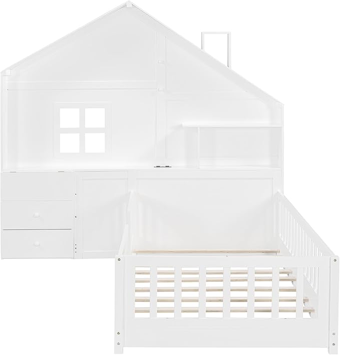 Twin Size Kids Floor Bed with Safety Fence, Solid Wood Montessori Platform Bed with House Shape Headboard with Bedside Drawers, Shelves, Sockets and USB Port for Kids Boys Girls (White-LT1)