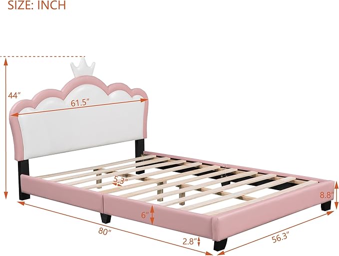 CITYLIGHT Full Size Princess Bed for Girls, PU Upholstered Platform Bed with Crown Headboard, Cute Beds Full Bed Frame for Kids, Pink+White