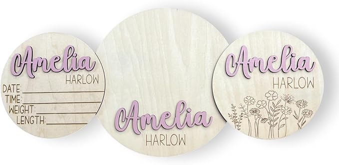Personalized Birth Announcement Name Sign, Stat Sign and Footprint Sign Bundle of All 3 Signs, Newborn Hospital Photo Prop, 19 Font Options, 30 Colors (3 Sign Bundle - Name, Stat & Footprint)