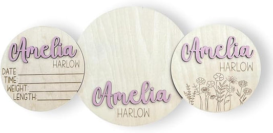 Personalized Birth Announcement Name Sign, Stat Sign and Footprint Sign Bundle of All 3 Signs, Newborn Hospital Photo Prop, 19 Font Options, 30 Colors (3 Sign Bundle - Name, Stat & Footprint)