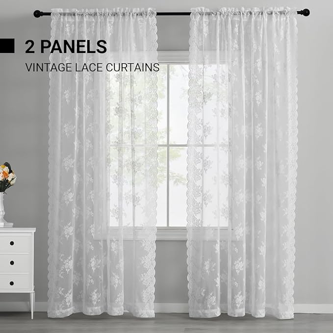 Kotile White Lace Curtains 96 Inches Long - Premium Country Floral Scalloped Lace Panel Curtains for Living Room, Antique White Floral Sheer Lace Curtains for Windows, 52 x 96 Inch, 2 Panels, White