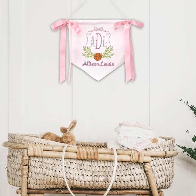 Embroidered Baby Name Sign Personalized Baby Announcement Sign Newborn Baby Banner with Bows Baby Hospital Name Sign Canvas Hanging Pennant Flag Custom Infant Baby Name Baby Shower Banner (07)