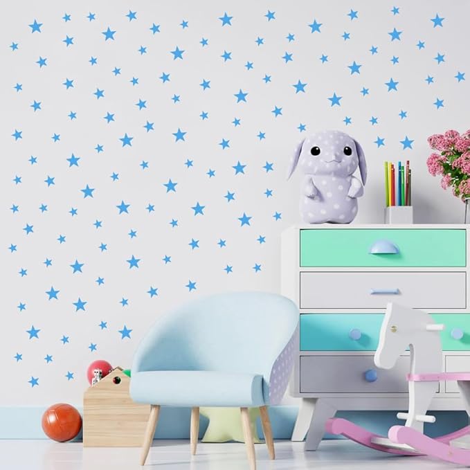 Baby Blue Star Stickers for Boys and Girls Nursery, Wall Decals for Kids Room (Light Blue, Mix Star 112Pcs)