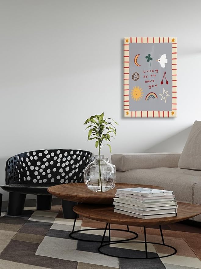 Colorful Cute Cartoon Posters Lucky Is To Have You Inspirational Wall Art Boho Nursery Positive Affirmations Canvas Minimalist Print Decor Pictures for Kids Bedroom Playroom Classroom 12x16inch Framed