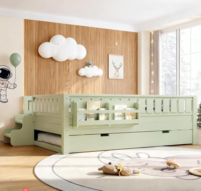 Bellemave Full Size Kids Bed with high Rails and with Built-in Bookshelf and Trundle for Kids, Girls, Boys, Wood Montessori Bed Without Door, Avocado Green