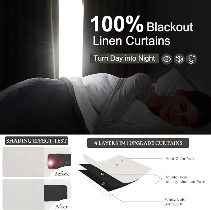 Extra Wide Room Darkening 96 Inch Curtains 2 Panels Set for Living Room,Cream Pleat Linen Blackout Curtain for Bedroom Windows 120 to 140 Privacy Thermal Window Drapes Rod Pocket(70"W x 96"L 2 Panels)