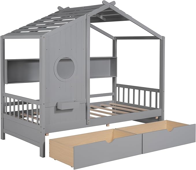 Harper & Bright Designs Twin Size Modern House Bed with Roof, Wooden Twin Size House Bed with 2 Drawers and Storage Shelf, Gray