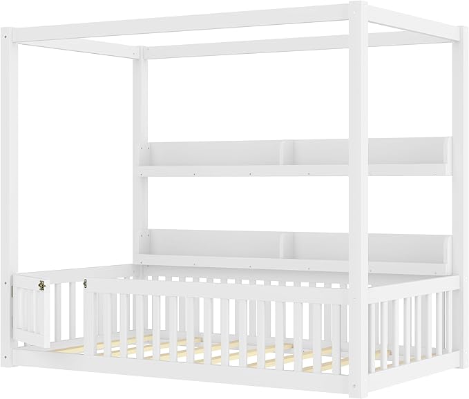 Bellemave Twin Canopy Bed with Rails and Slats,Wooden Floor Bed with Bookcase and 4 Poster Design,Montessori Floor Bed Frame,No Spring Box Needed（Twin,White）