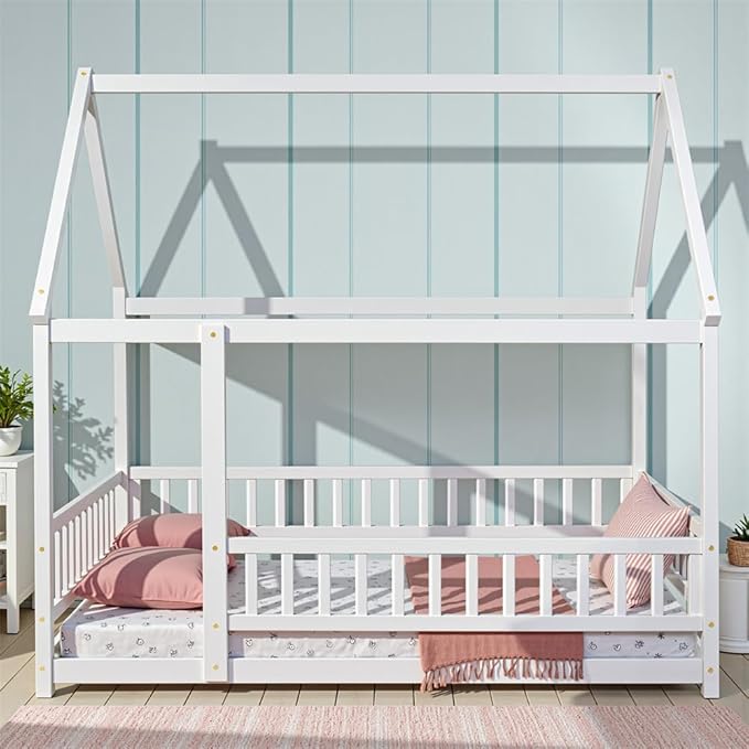 LLS Full Size Floor Bed Frame with Roof Fence, Wooden Montessori House Bed for Boys Girls Bedroom, White Without Slats