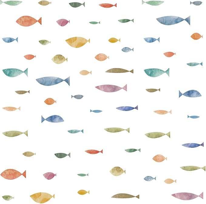 62 Pcs Watercolor Ocean Fish Wall Decals, Peel and Stick Ocean Wall Sticker, Removable Vibrant Sea Life Underwater Theme Wall Decor for Kids Room Nursery Bedroom Playroom Classroom