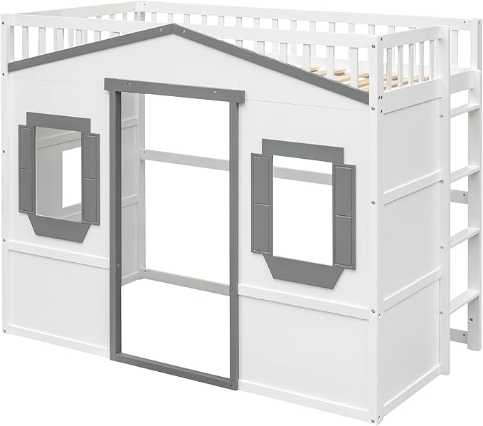 Twin Size Loft Bed with Safety Guardrail for Kids Boys Girls, Playhouse Design Solid Wood Loft Bed Frame with Ladder and Windows, Strong Wood Slats Support, Space-Saving (White+g Twin)