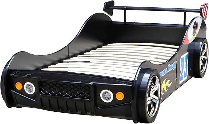 Race Car Twin Bed Frames for Kids, Wood Car-Shaped Bed Frame with Wheels LED Lights & Slat Support for Toddler, Teens, Boys or Girls (Race Car-Black)