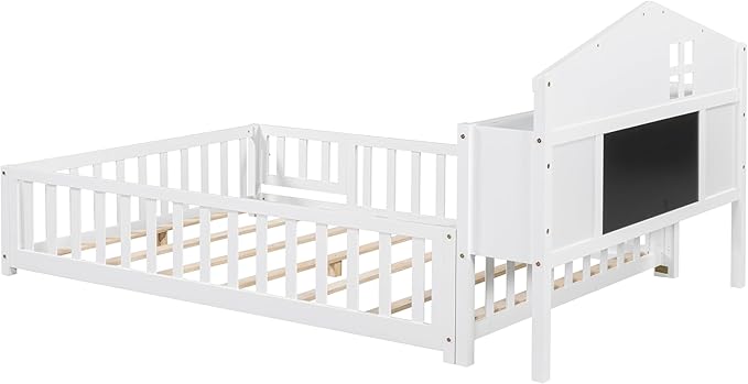 Bellemave Full Size Floor Bed for Kids, Girls, Boys, Solid Wood Montessori Bed with Storage headboard, Door, Storage, White
