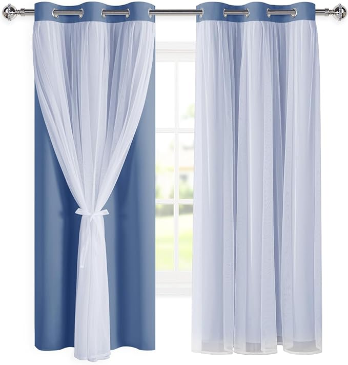 DWCN Blackout Curtains with Sheer Overlay Layered Curtains for Bedroom/Living/Dining Room Grommet Top Window Treatments with Tiebacks, 52 W by 63 L, Hazy Blue, 2 Pieces