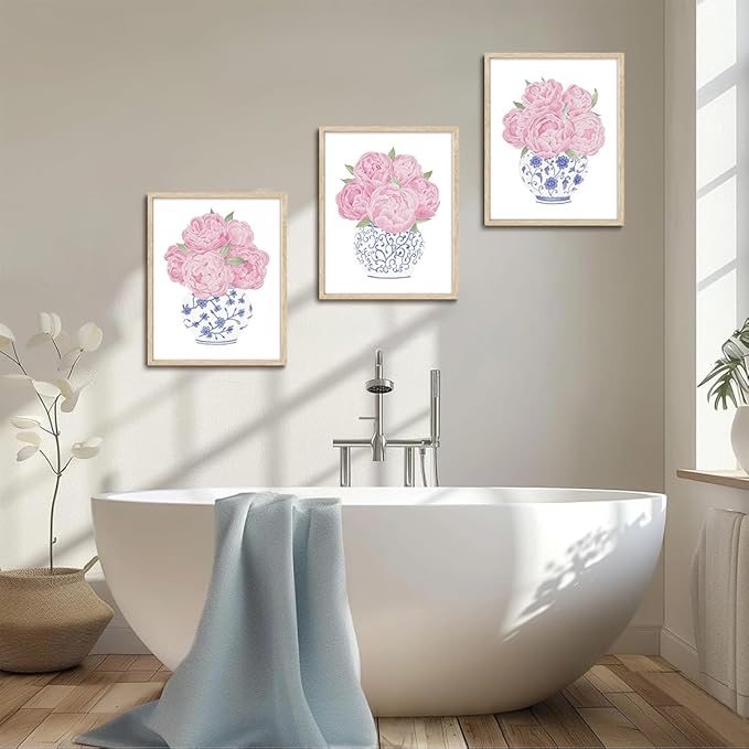 CHMMART 3 Piece Pink Floral Framed Wall Art Blue and White Chinoiserie Flower Canvas Art Prints Peony Pictures Wall Decor Painting Artwork for Living Room Bedroom Bathroom 16x20in