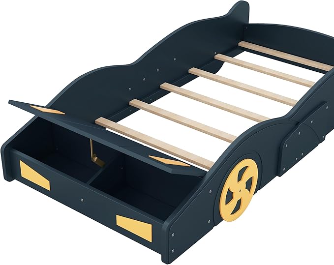 Twin Size Race Car Bed for Kids, Car-Shaped Bed Frame with Wheels and Storage Footboard for Boys, Wood Slats Support,No Box Spring Needed, Dark Blue+Yellow