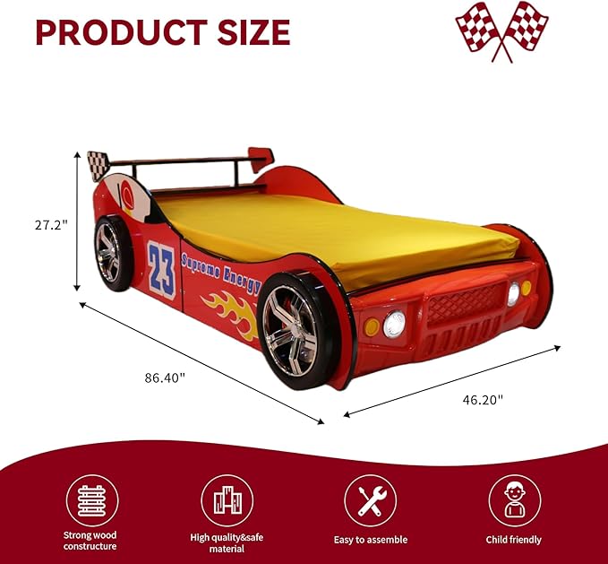 HMFULE Twin Bed Frames for Kids, Wood Race Car-Shaped Bed Frame Platform with Wheels LED Lights & Slat Support for Toddler, Teens, Boys or Girls, No Box Spring Needed (Red)