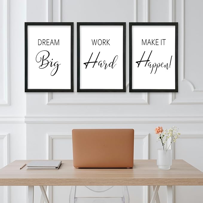 YWJKWLGS Motivational Wall Decor for Office & Home 11x16 Inch Set of 3 Inspirational quotes Wall Art Wood Frame Hanging Dream Big Work Hard Make It Happen positive affirmations Sign (Black)